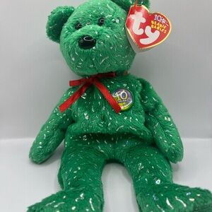 TY Beanie Baby DECADE Emerald Green "10 yrs" Anniversary Sparkly Teddy Bear 2003